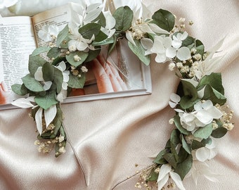 Eucalyptus & White Hydrangea Headband:  Green and White Bridal Wedding Hairpiece, Boho Accessory