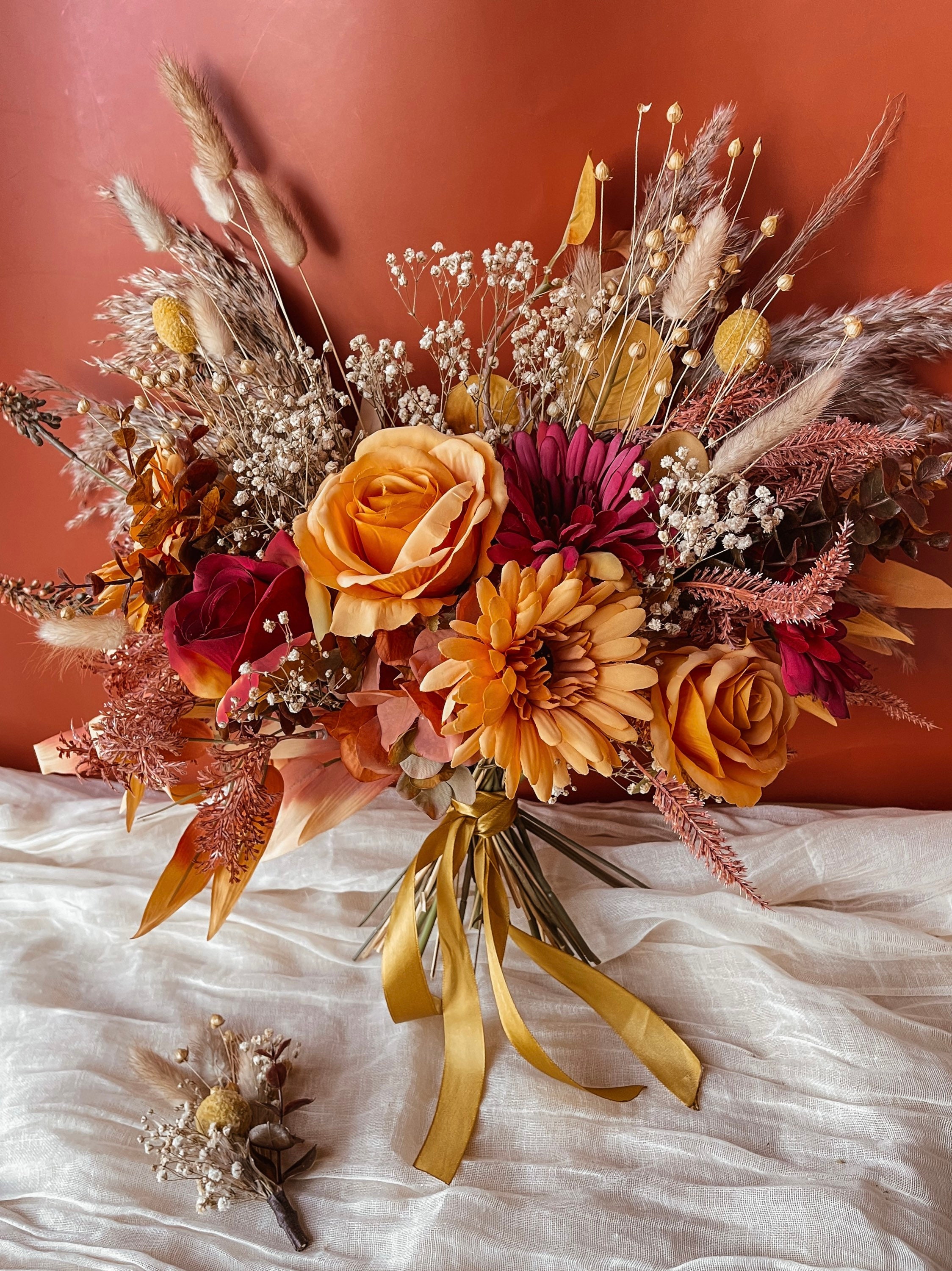 Burnt Orange Wedding Bouquet Silk and Dried Flower Bouquet Etsy UK