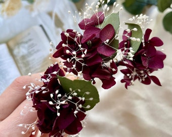 Plum Burgundy Wedding Hair Pins/ Fall Autumn Bridal Hair Accessories/ Hydrangea dried flower hair pins/