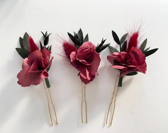 Burgunder Blumen Haarnadeln / Getrocknete Blumen Haarschmuck / Weinrote Braut Haarnadeln / Rustikale Hochzeit