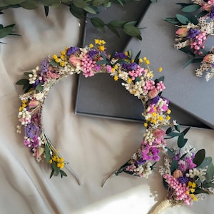Purple & Pink Dried Flower Headband: Boho Rustic Bridal Wedding Floral Crown