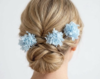 Hellblaue Hortensien-Haarnadeln: Boho-Hochzeits-Blumenzusätze