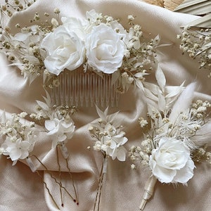 White preserved roses hair comb/ Decorative wedding slide/ Wedding flower comb/ Bridal hair piece/ Flower hair pins/ Gypsophila hair comb image 4