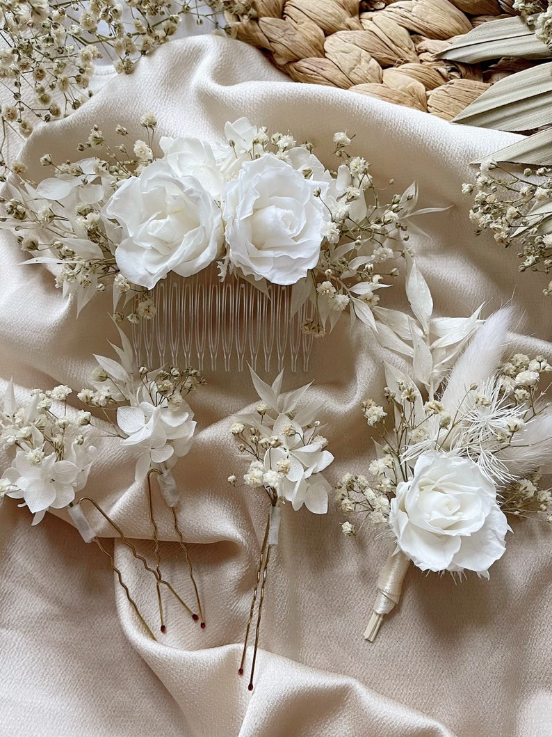 White preserved roses hair comb/ Decorative wedding slide/ Wedding flower comb/ Bridal hair piece/ Flower hair pins/ Gypsophila hair comb image 4