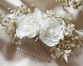 White preserved roses hair comb/ Decorative wedding slide/ Wedding flower comb/ Bridal hair piece/ Flower hair pins/ Gypsophila hair comb