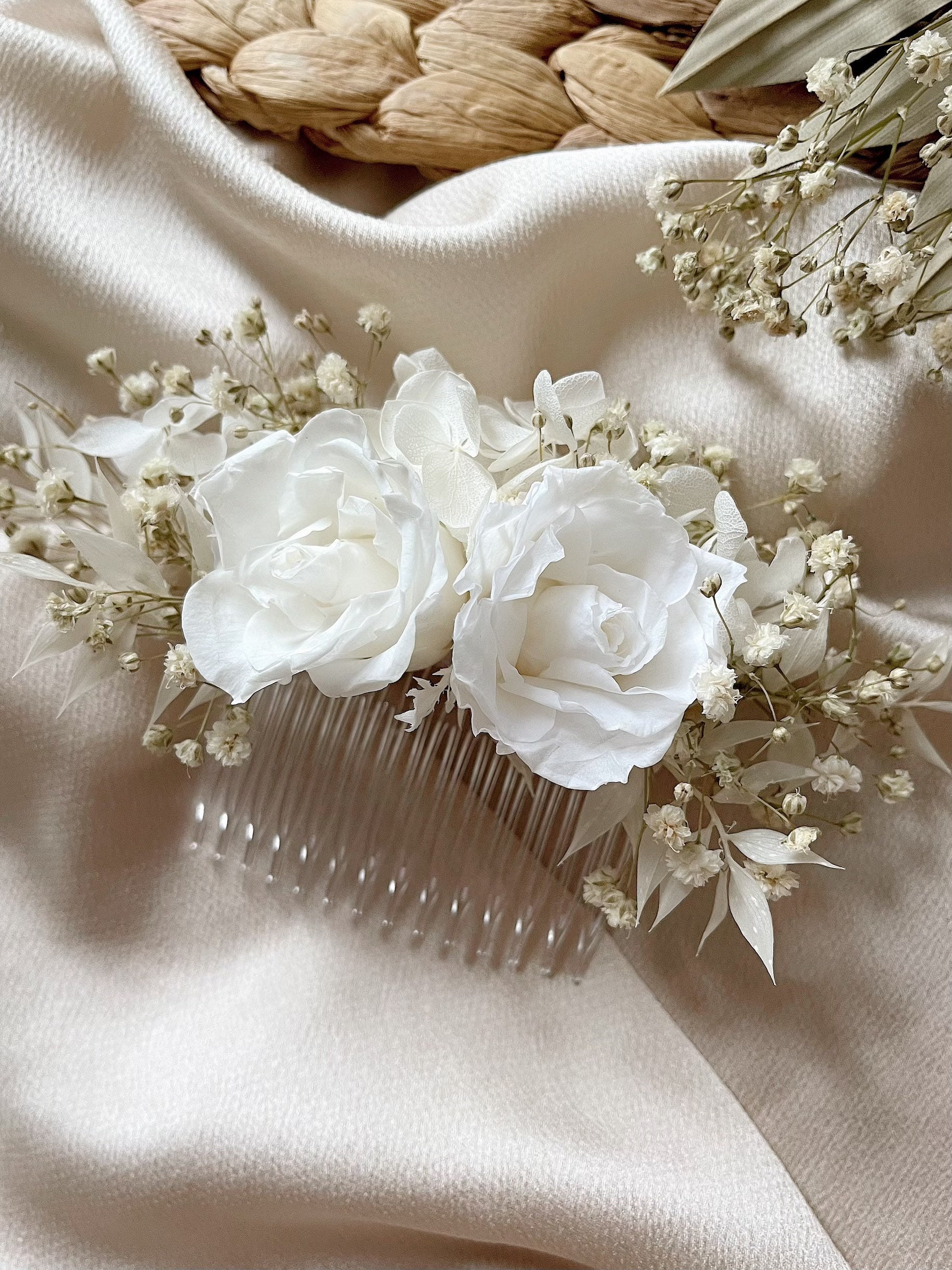 White Preserved Rose Hair Comb: Wedding Bridal Hair Piece  display picture 2