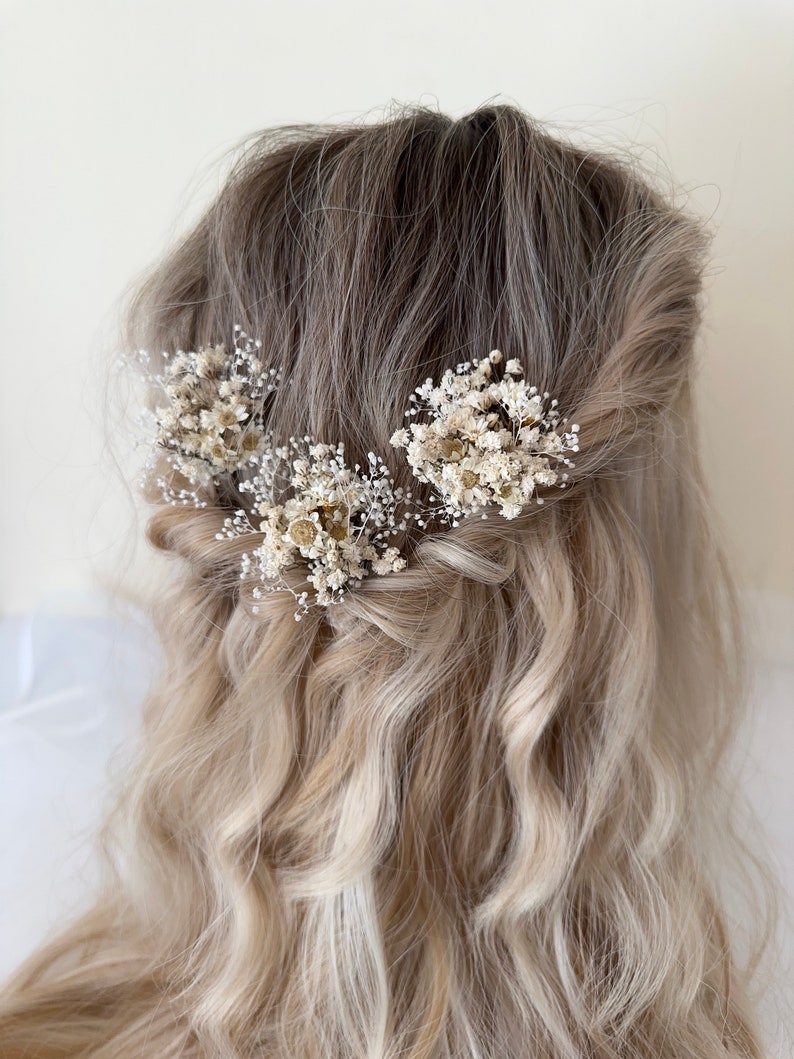 Natural Gypsophila Wedding Flower Hairpins / Babys breath Hairpins / Rustic Hair Pins / Dried Flower Hair Accessory image 5