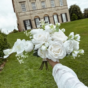 White Silk Wedding Bouquet: Hand Tied Peony, Rose & Orchid, Classic Faux Bridal Flowers