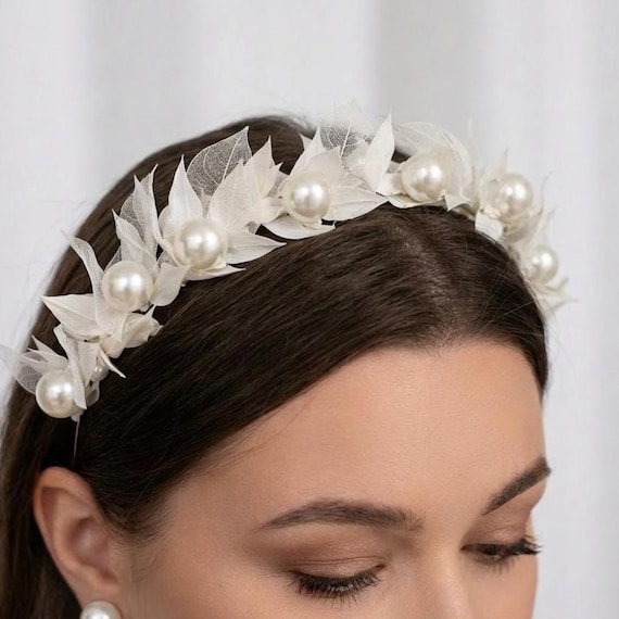 Bridal Pearl White Headband: Wedding Flower Crown, Boho  display picture 3