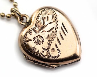 Antique Victorian Heart Locket Necklace: 14CT Rolled Gold, Hand Engraved