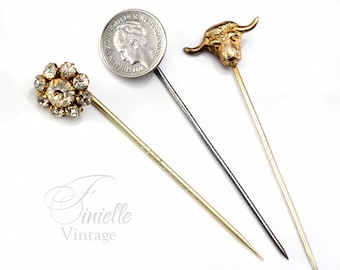 Antique Stick Pin Set: Rhinestone, Bull Head, Netherlands Silver Coin