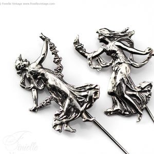 Vintage 1980s Pair Pin Stick Art Nouveau Revival Silver Plated Dancing Roman Ladies Brooch Lapel Hat Pin Romantic Vintage Jewellery Gift