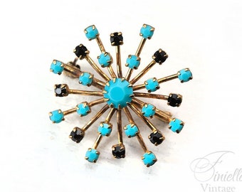Broche vintage Art déco en étoile : laiton tchèque plaqué or 18 carats, imitation turquoise