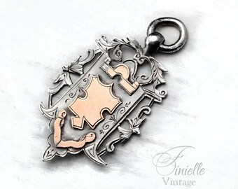 Victorian Sterling Silver Medal Fob Pendant: Rose Gold Inlay, Hallmarked 1892