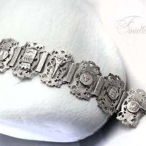 Ancien bracelet souvenir Art déco PARIS des années 1970 plaqué rhodium, carte postale vintage, panneau en relief, bijoux ton argent, bijoux cadeau