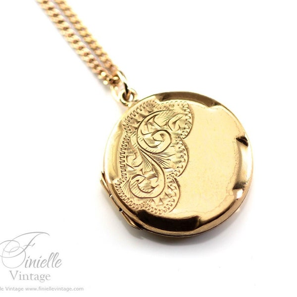 Vintage Art Deco Era 1930s 14Ct Rolled Gold Hand Engraved Ornate Round 2 Photo Locket Pendant, 18.9" Necklace, 18Ct Gold Plated Chain