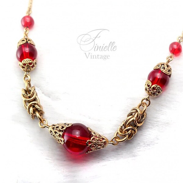 Vintage Art Deco 1920s, Antique Czech Craftsmanship Bohemian Red Glass Beaded Necklace, Gold Plated Brass, Unique Jewelry Jewellery