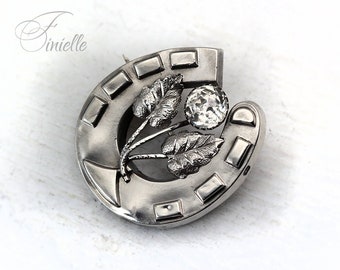 Victorian Sterling Silver Horseshoe Brooch: Antique Floral Rhinestone Jewelry