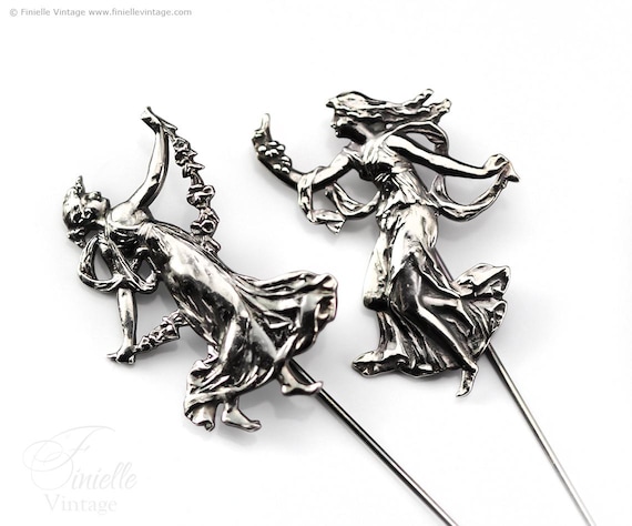 1980s Art Nouveau Revival Brooch Pins: Silver Plated Dancing Roman Ladies