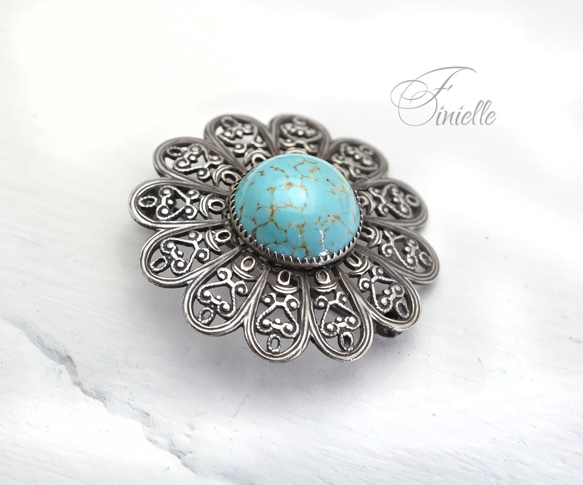 Vintage Czech Turquoise Glass & Faux Pearls Brass Filigree Floral Round Brooch