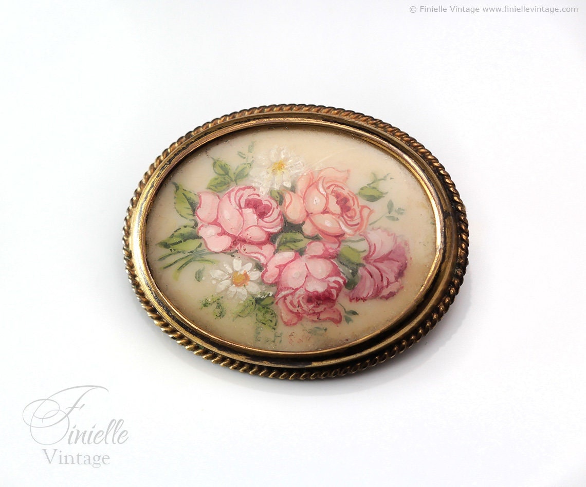 Broche Double Fleurs Années 1950 - Métal Doré Peint Main - Occasion