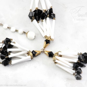 Vintage 1950s Black and White Lucite and Brass Necklace & Clip-On Earring Set, Gold Tone – Unique Art Deco Style Jewellery, Jewelry Gift