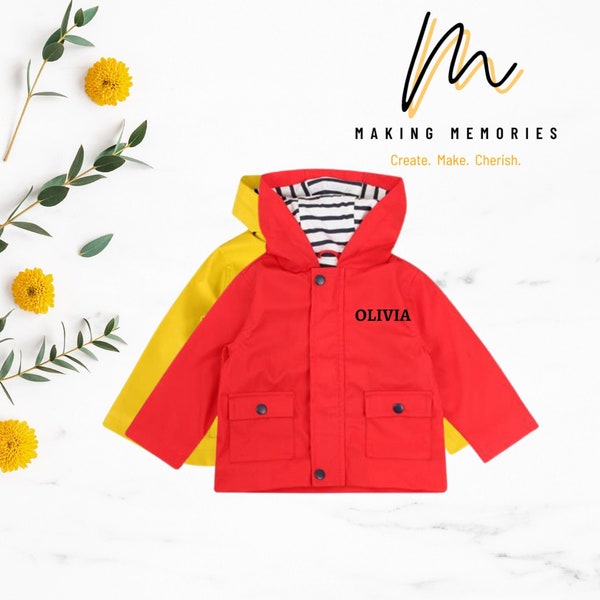 Veste de pluie pour bébé personnalisée, imperméable pour bébé, enfants unisexes, manteau jaune, veste rouge, manteau personnalisé, vêtements pour enfants, cadeau d’anniversaire pour bébé