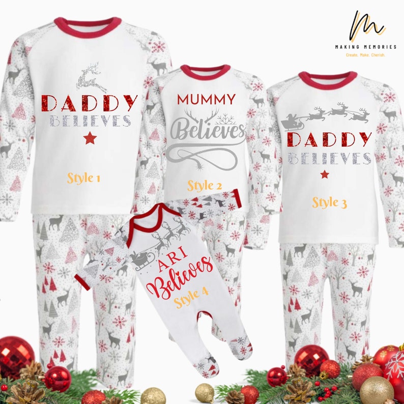 Believe Glitter Christmas pyjamas, matching family set, red\/white stripe matching pj\u2019s, Personalised, Christmas pjs, christmas eve pyjamas,