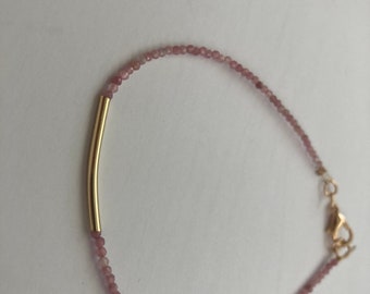 Pink Tourmaline Bracelet Dainty Tourmaline Jewelry 2mm Bracelet Minimalist with Gold Plated Bar