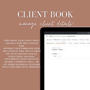 Può includere: Uno screenshot di uno schermo di computer che mostra un programma software chiamato "Client Book". Il programma è progettato per aiutare gli utenti a gestire i dettagli, le note e i file dei clienti. Il testo sullo schermo recita "Semplifica le tue note e i tuoi file dei clienti con lo strumento definitivo. Ottimizza il tuo flusso di lavoro con lo strumento definitivo che ti consente di gestire in modo fluido le note e i file dei clienti. Collabora con i clienti condividendo commenti, file e qualsiasi altro materiale per garantire che tutto funzioni senza problemi."