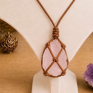 Raw Rose Quartz Necklace • Macrame Crystal Pendant • Boho Healing Stone Jewelry