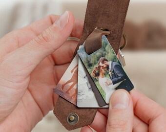 Leather photo keychain, Husband leather keyring with picture, custom key fob with keepsake, daddy keychain from kids