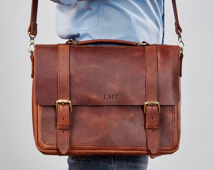 Estalon leather shop laptop messenger bag