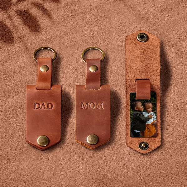 Personalized accessories Engraved leather photo keyring 3rd anniversary gift, leather accessories for him,  Mens keychain