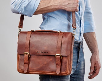 Handmade leather messenger bag, personalized leather laptop bag man, anniversary gift for husband,  mens leather laptop bag