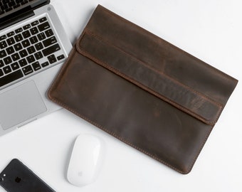 Men's custom 14" laptop sleeve with pocket, slim laptop sleeve for him, full grain leather laptop sleeve