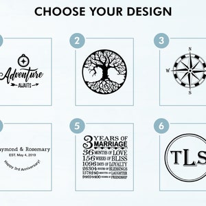 May include: Six different design options for a personalized engraved wooden sign. The designs include a compass with the text "Adventure Awaits", a tree of life, a compass rose, a personalized anniversary message, a 3-year anniversary message with a heart design, and a monogram with the letters "TLS".