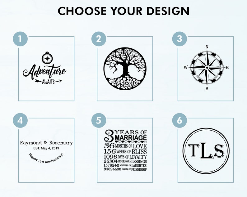 May include: Six different design options for a personalized engraved wooden sign. The designs include a compass with the text "Adventure Awaits", a tree of life, a compass rose, a personalized anniversary message, a 3-year anniversary message with a heart design, and a monogram with the letters "TLS".