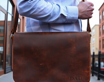 Handmade Leather Briefcase Laptop Bag, Personalized 14-16 Inch MacBook Leather Bag, Personalised Shoulder Bag for 16" Laptop for Him and Her