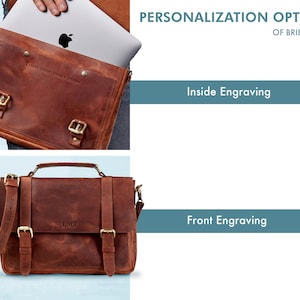 May include: A brown leather briefcase with a flap closure and two buckles. The briefcase has a strap and can be personalized with an engraved message on the inside or front. "Trust your crazy ideas" is engraved on the inside of the briefcase.