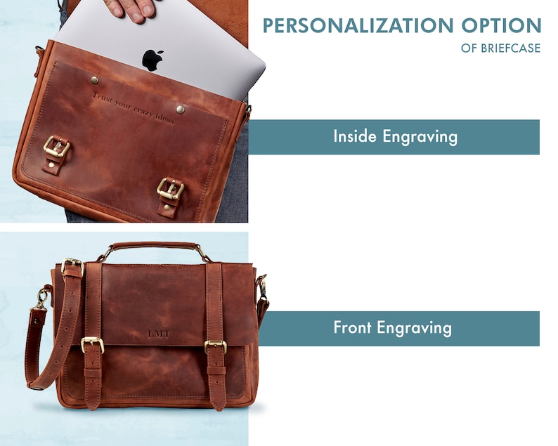 May include: A brown leather briefcase with a flap closure and two buckles. The briefcase has a strap and can be personalized with an engraved message on the inside or front. "Trust your crazy ideas" is engraved on the inside of the briefcase.