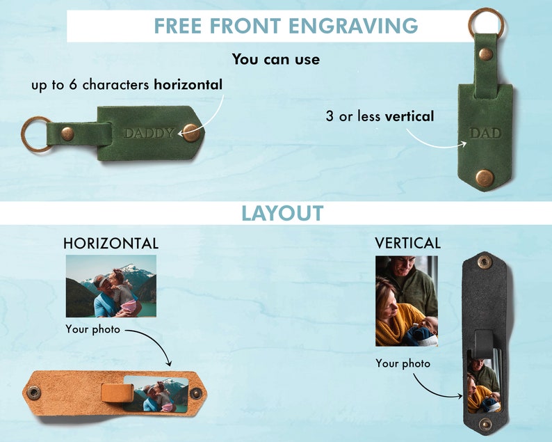 Puede incluir: Llavero de cuero verde con la palabra "DADDY" grabada horizontalmente y "DAD" verticalmente. La imagen muestra ejemplos de dise&ntilde;os horizontales y verticales con espacio para una foto. El texto "FREE FRONT ENGRAVING" est&aacute; en la parte superior.