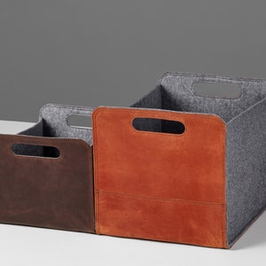 Felt & Leather Storage Basket | Large Felt Organizers Bin for Kitchen | Stylish Storage Solution for Home Decor