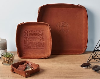 Custom leather valet tray for men, Personalized leather storage for keys & watches, Custom catch all desk tray