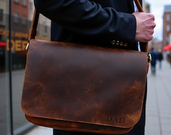 Personalized Leather Cross-Body MacBook Bag, 14-16 Inch Laptop Leather Bag with Name, Personalized Leather Office Bag for Man and Woman