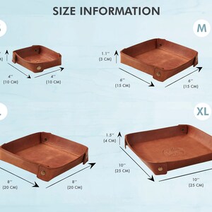 May include: Four leather trays in different sizes: small (4 inches by 4 inches), medium (6 inches by 6 inches), large (8 inches by 8 inches), and extra large (10 inches by 10 inches). The trays are brown and have a distressed look. The measurements are in inches and centimeters.