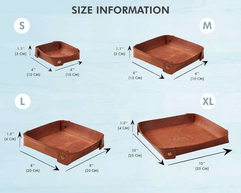 May include: Four leather trays in different sizes: small (4 inches by 4 inches), medium (6 inches by 6 inches), large (8 inches by 8 inches), and extra large (10 inches by 10 inches). The trays are brown and have a distressed look. The measurements are in inches and centimeters.