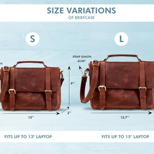 May include: Two brown leather briefcases with adjustable straps and buckles. The smaller briefcase is 13 inches wide and fits up to a 13 inch laptop. The larger briefcase is 15.7 inches wide and fits up to a 15 inch laptop.  "STRAP LENGTH 43-50" is printed on both briefcases.