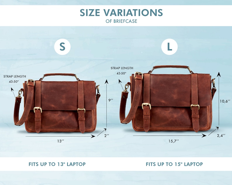 May include: Two brown leather briefcases with adjustable straps and buckles. The smaller briefcase is 13 inches wide and fits up to a 13 inch laptop. The larger briefcase is 15.7 inches wide and fits up to a 15 inch laptop.  "STRAP LENGTH 43-50" is printed on both briefcases.