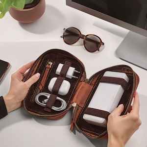 Personalized Travel Cable Organizer bag, Handmade Travel Electronic Accessories Bag, Leather Tech Organizer for Chargers and Cables